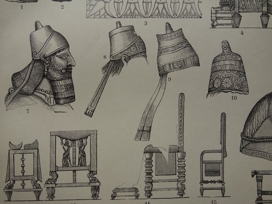 BABYLON oude prent over Assyrië 1905 antieke afbeeldingen van Assyrische Babylonische kunstmeubels obelisk sieraden Babyloniërs Hillah Mesopotamië