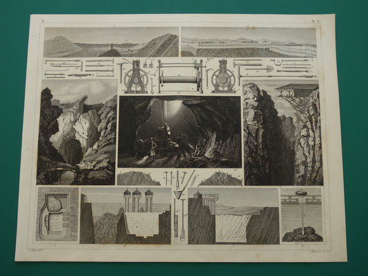 MIJNBOUW Oude technologie prent over Mijnen Originele oude print kopermijn Mijnwerker Mijnschacht Gereedschap Vintage prints