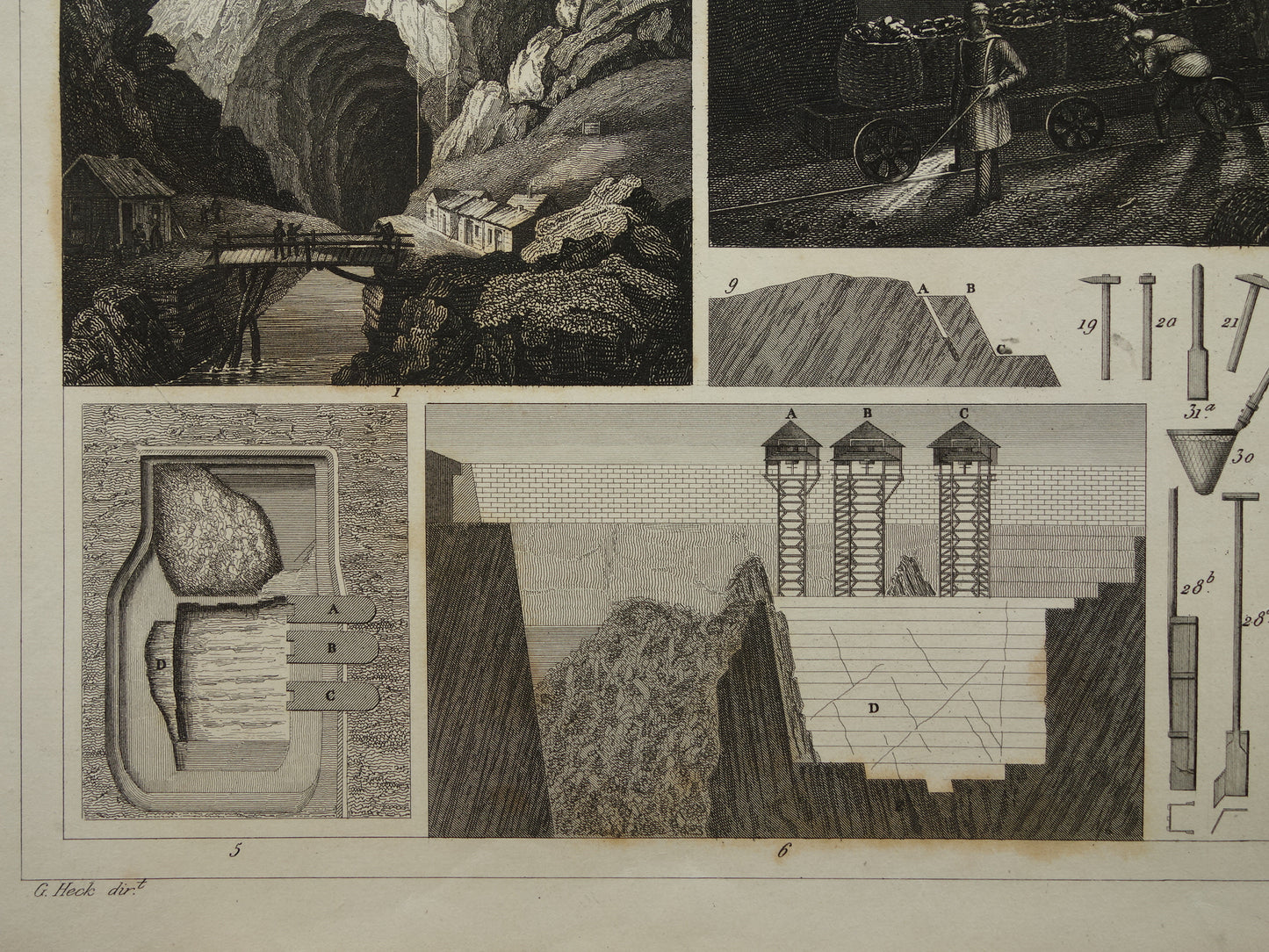 MIJNBOUW Oude technologie prent over Mijnen Originele oude print kopermijn Mijnwerker Mijnschacht Gereedschap Vintage prints