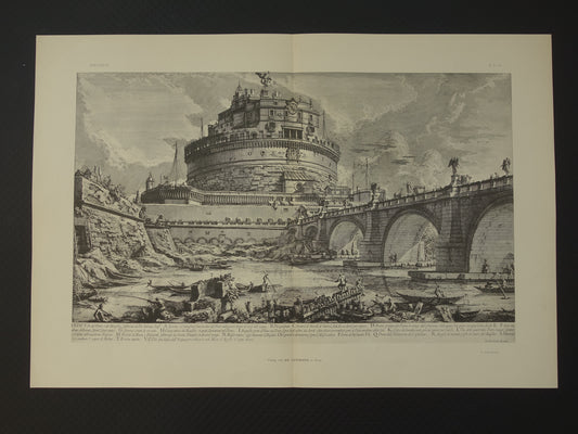 Oude prent van Engelenburcht Rome uit 1886 antieke facsimile Piranesi Castel Sant’Angelo uit Vedute di Roma vintage print poster