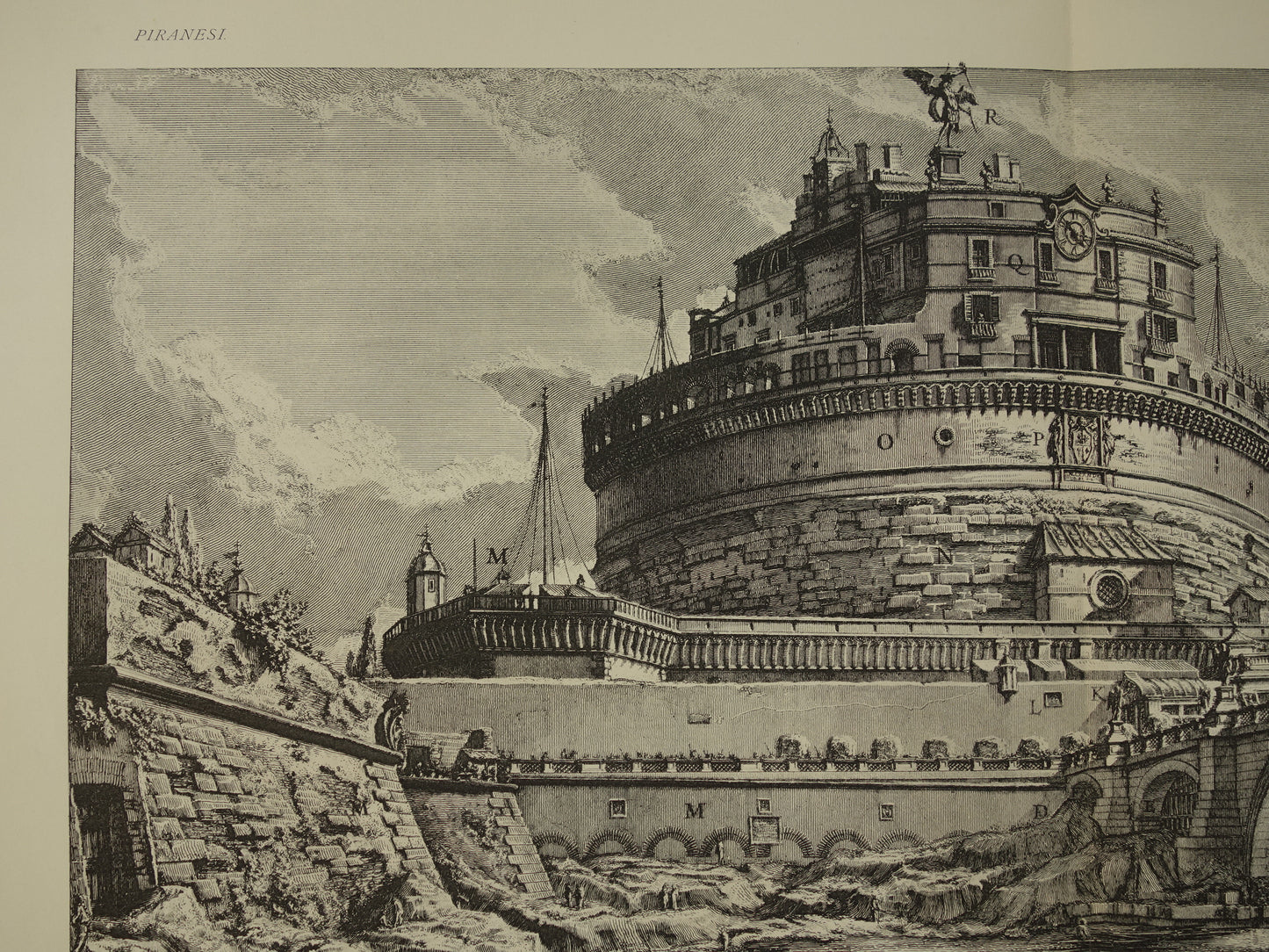 Oude prent van Engelenburcht Rome uit 1886 antieke facsimile Piranesi Castel Sant’Angelo uit Vedute di Roma vintage print poster