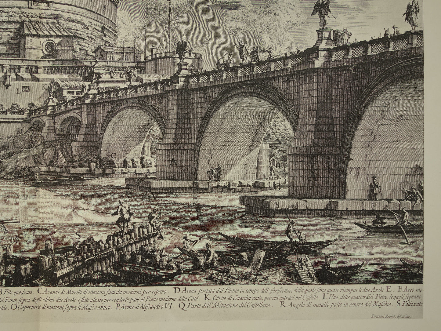 Oude prent van Engelenburcht Rome uit 1886 antieke facsimile Piranesi Castel Sant’Angelo uit Vedute di Roma vintage print poster
