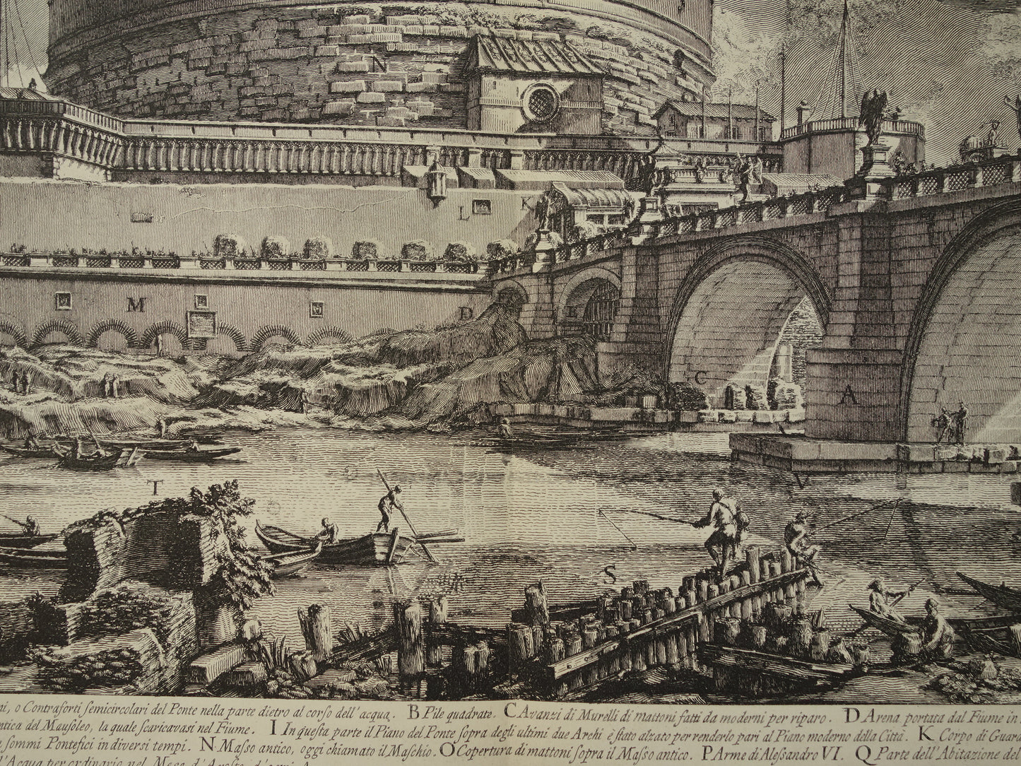 Oude prent van Engelenburcht Rome uit 1886 antieke facsimile Piranesi Castel Sant’Angelo uit Vedute di Roma vintage print poster