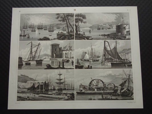 175+ jaar oude scheepsprent antieke maritieme illustratie baggerschip mastkraan schip schepen vintage prints