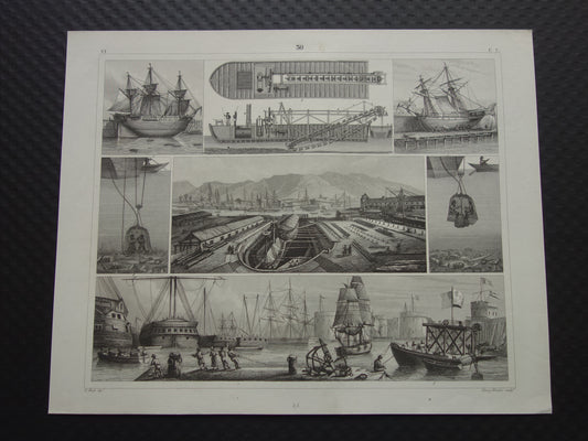175+ jaar oude scheepsprent antieke maritieme illustratie duikklok dok droogdok baggerschip schip schepen vintage prints