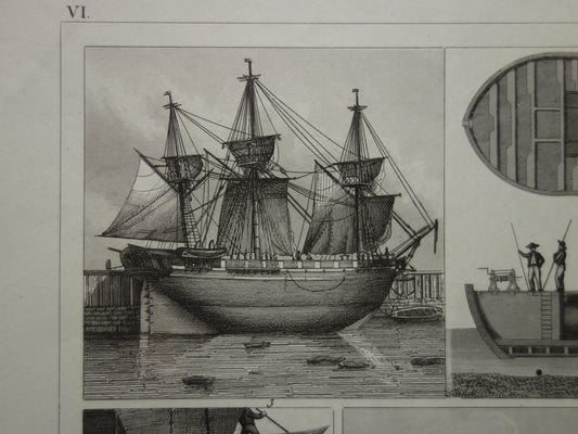 175+ jaar oude scheepsprent antieke maritieme illustratie duikklok dok droogdok baggerschip schip schepen vintage prints