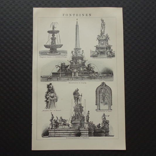 FONTEINEN vintage print uit 1916 originele Nederlandse antieke prent fontein Leipzig Mendefontein Manneke Pis Oude prints