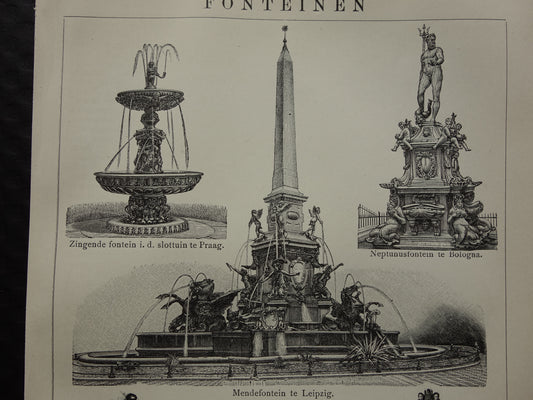 FONTEINEN vintage print uit 1916 originele Nederlandse antieke prent fontein Leipzig Mendefontein Manneke Pis Oude prints