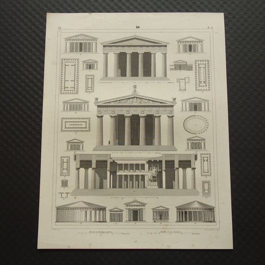 Oude prent Griekse tempels Zeus Tempel Olympia Originele antieke architectuur illustratie Griekanland klassieke oudheid Vintage prenten