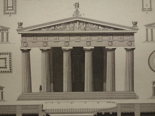 Oude prent Griekse tempels Zeus Tempel Olympia Originele antieke architectuur illustratie Griekanland klassieke oudheid Vintage prenten