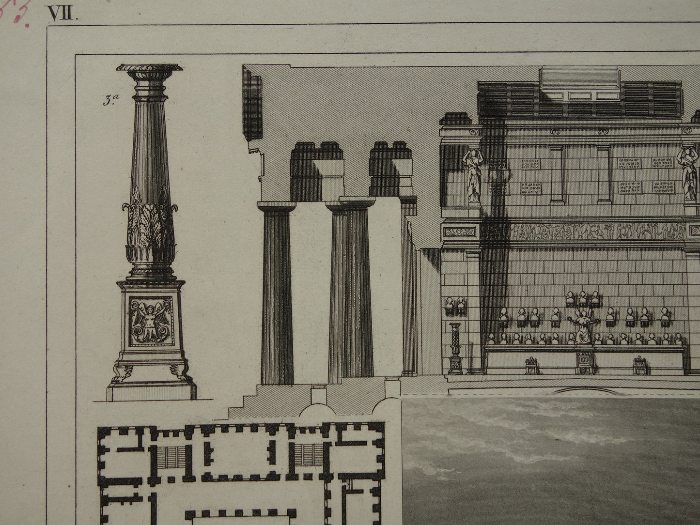 Oude architectuur prent Paleis op de Dam Amsterdam Walhalla Donaustauf Regensburg originele vintage illustratie Stadhuis Maastricht