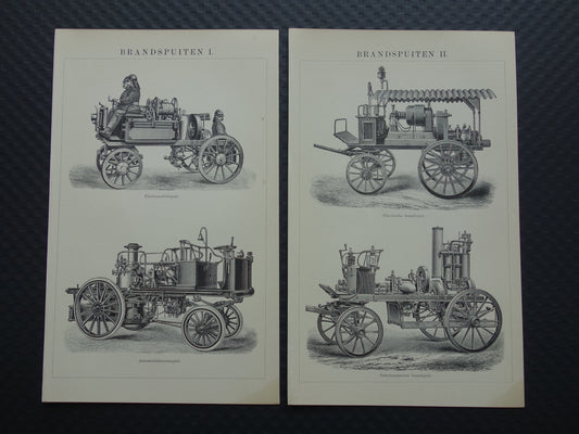BRANDWEER oude prent uit het jaar 1906 van Brandweerwagens originele antieke vintage prints