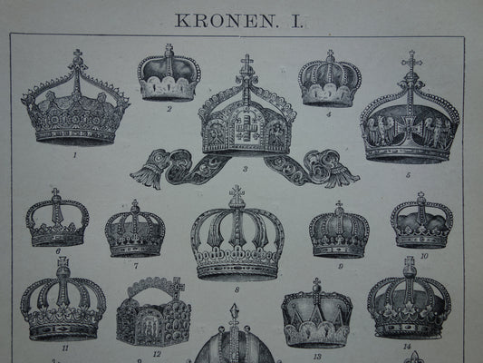 Oude prent van Kronen originele antieke heraldiek illustratie Koninklijke Kroon vintage afbeelding prints