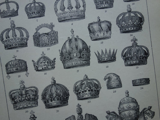 Oude prent van Kronen originele antieke heraldiek illustratie Koninklijke Kroon vintage afbeelding prints