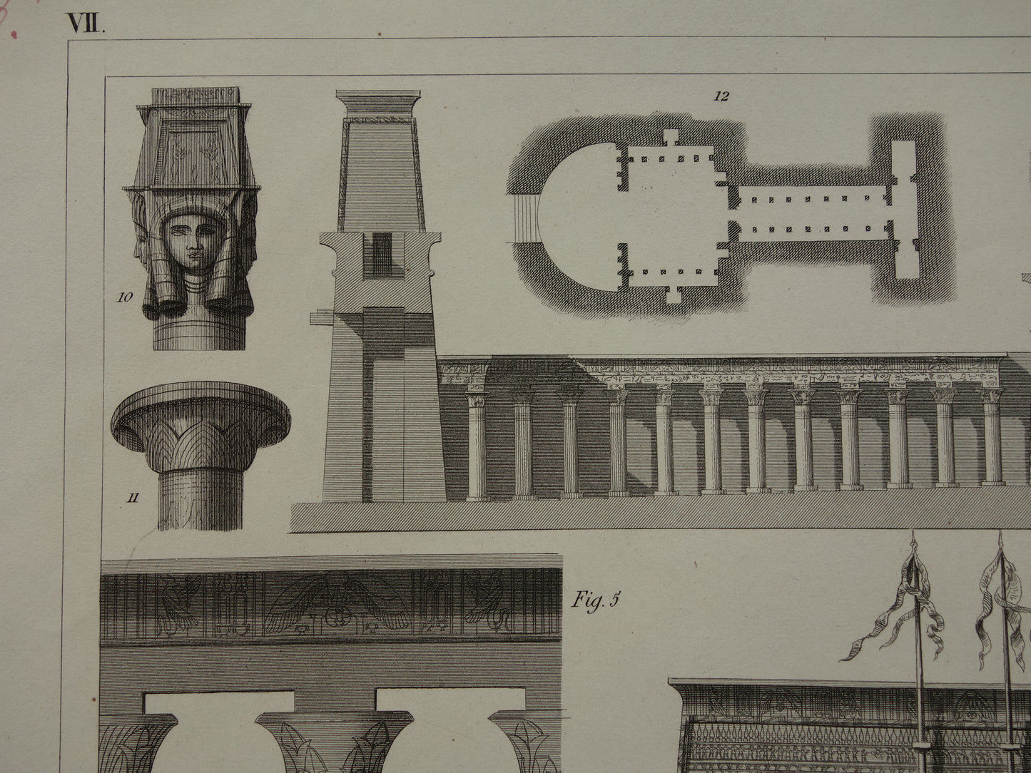 Horus Tempel Edfu Egypte Vintage Architectuur Print 170+ jaar oude prent van Edfu tempelzaal antieke illustratie