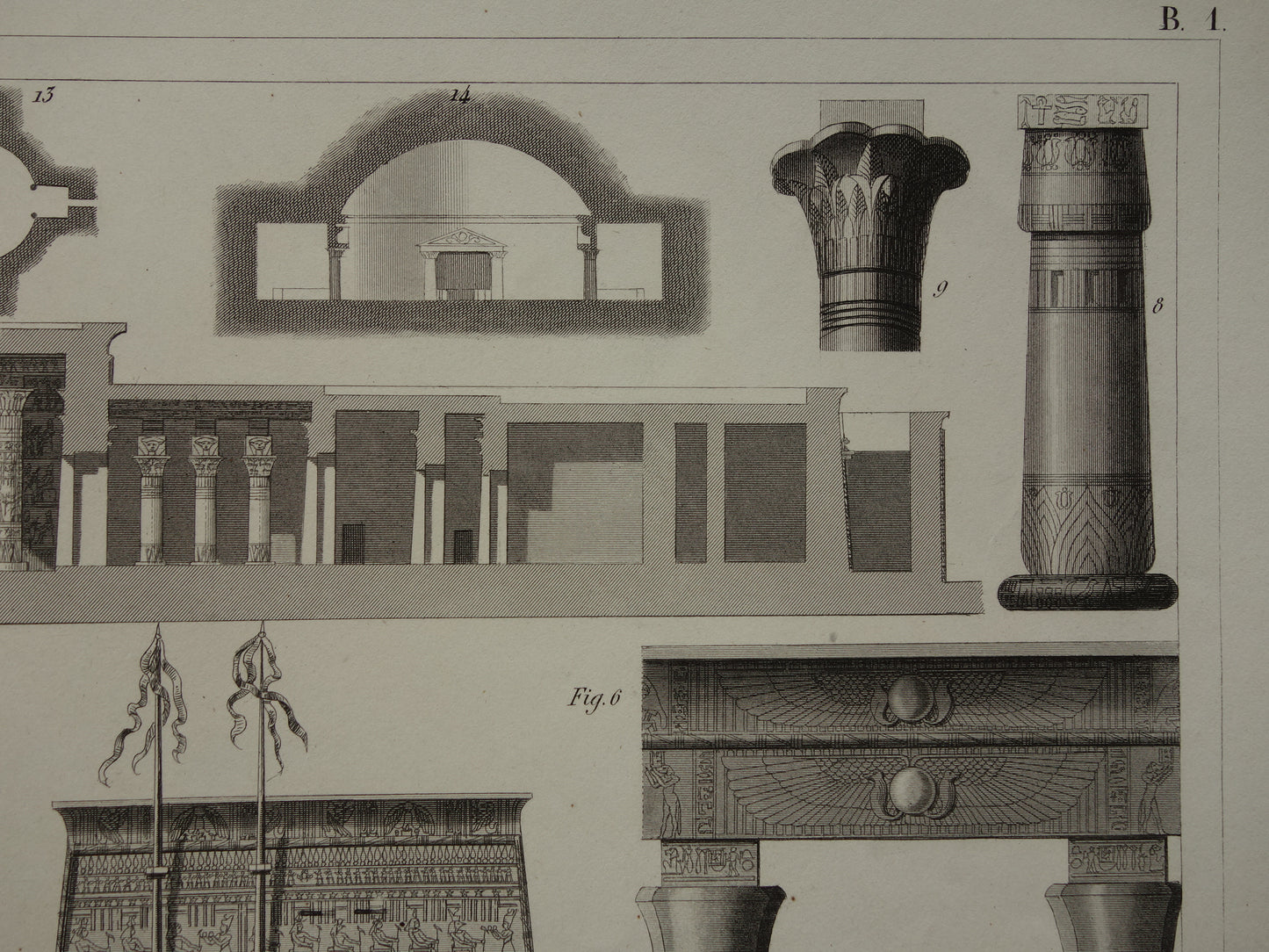 Horus Tempel Edfu Egypte Vintage Architectuur Print 170+ jaar oude prent van Edfu tempelzaal antieke illustratie