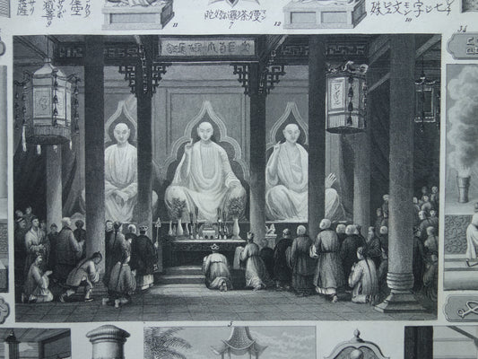 Oude prent over Oosterse religies 1849 originele antieke illustratie goden Boeddhisme vintage print Hindoeïsme