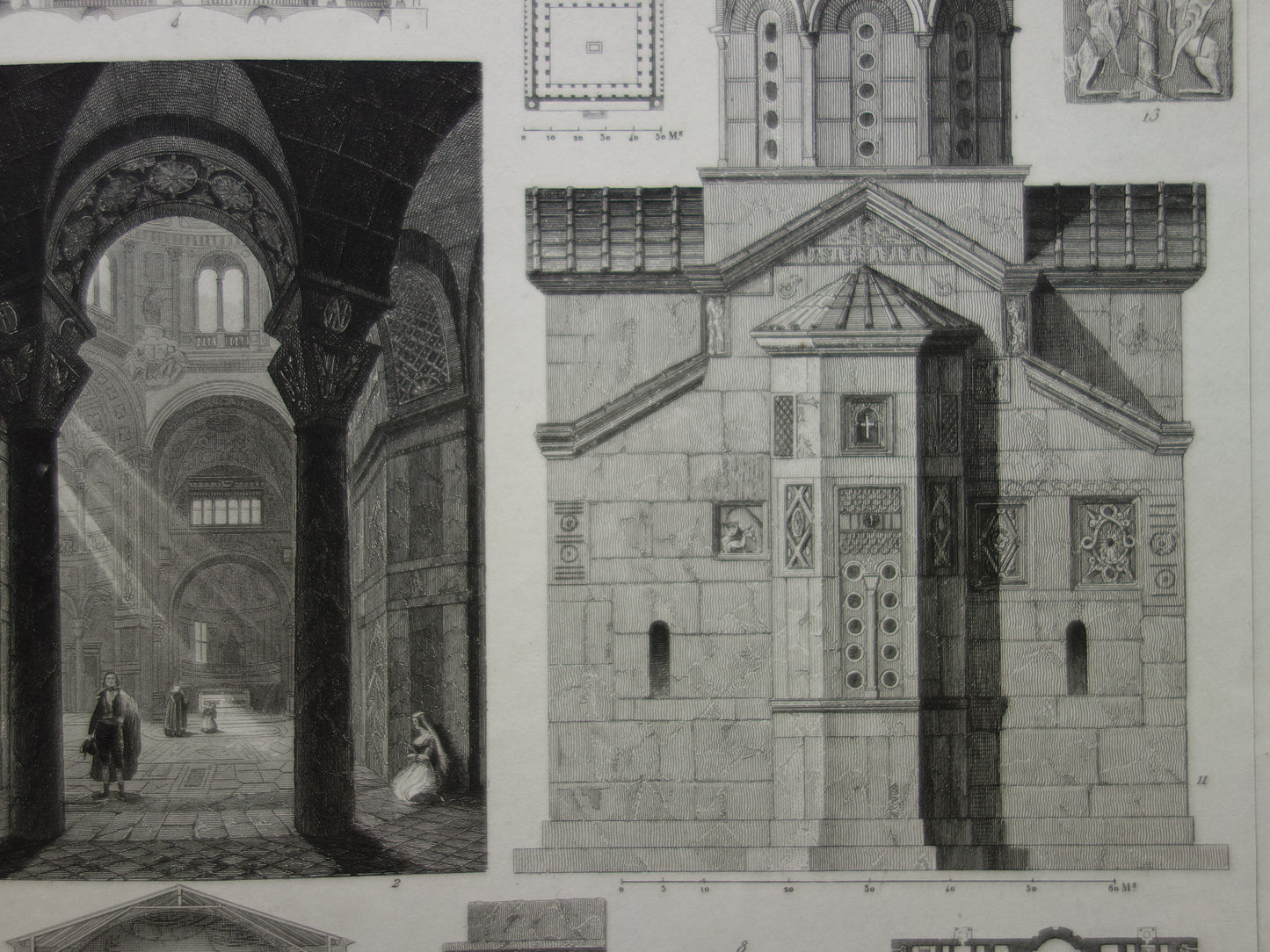 Byzantijnse Romeinse architectuur antieke prent 170+ jaar oude print van Haga Sophia Basilica di San Vitale Ravenna Catholicon originele vintage illustratie