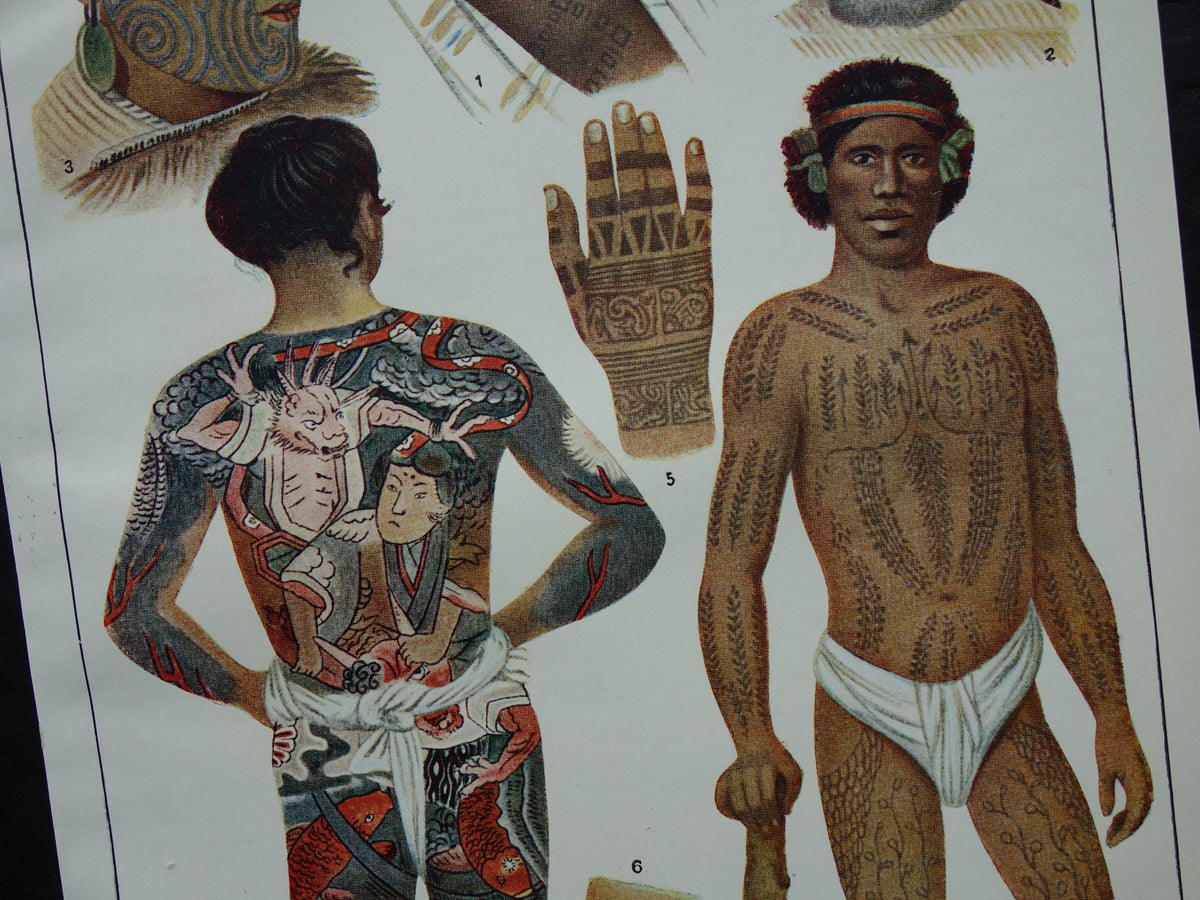 TATOEAGE oude prent uit 1922 Originele antieke Nederlandse illustratie Tatoeages vintage prints