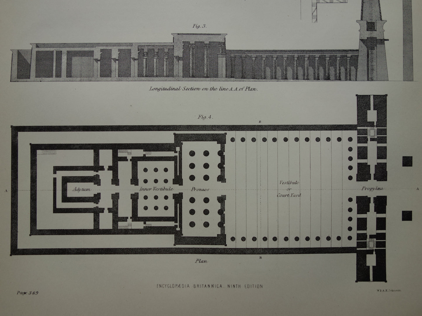 Oude prent Edfu Tempel van Horus in Egypte Antieke Architectuur Print Engelse illustratie