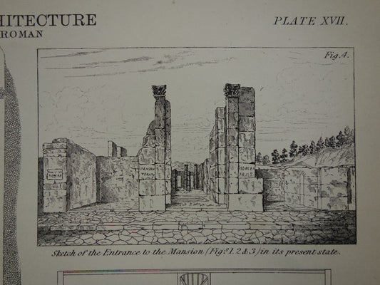 Oude prent Pompeii Romeinse Architectuur Print 1875 originele antieke Engelse illustratie Villa in Pompeii