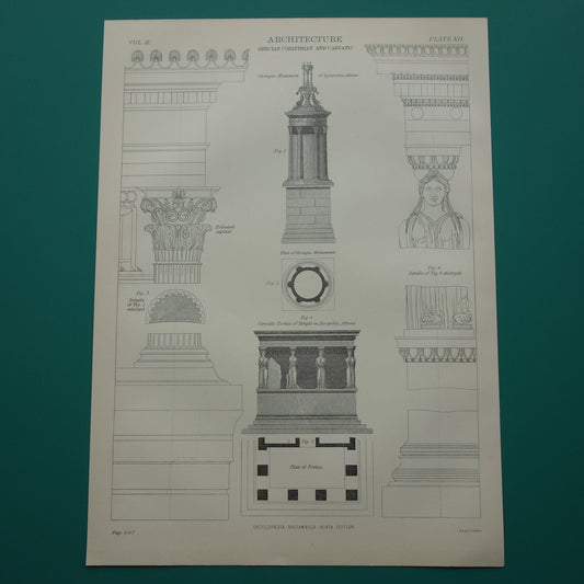 Oude architectuur prent Griekse Oudheid Originele antieke illustratie Erechtheion tempel Monument van Lysicrates Athene vintage print