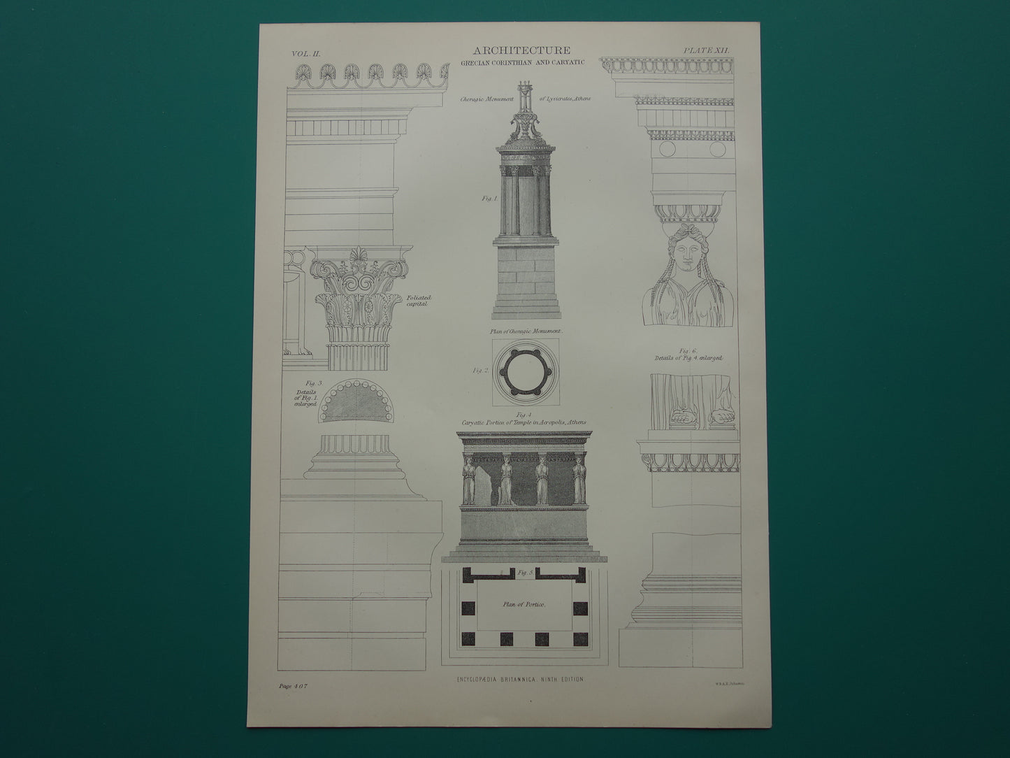Oude architectuur prent Griekse Oudheid Originele antieke illustratie Erechtheion tempel Monument van Lysicrates Athene vintage print