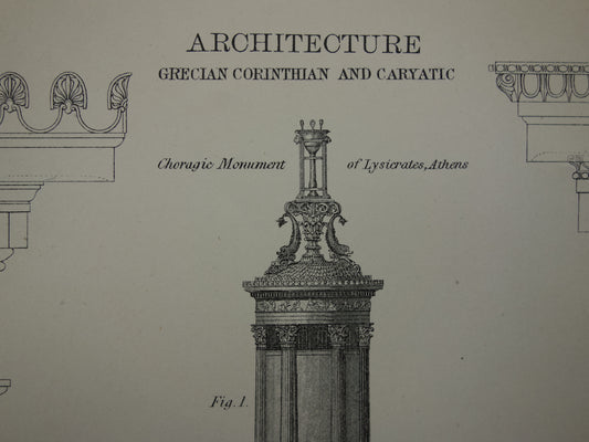 Oude architectuur prent Griekse Oudheid Originele antieke illustratie Erechtheion tempel Monument van Lysicrates Athene vintage print