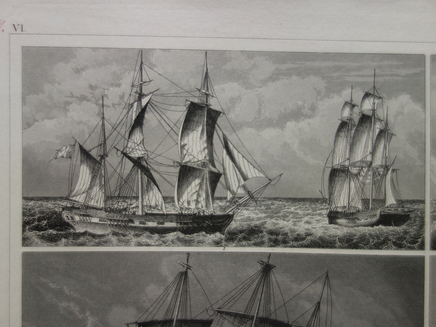 Zeilschepen in een storm oude prent originele antieke print zeil zeilen driemaster maritieme vintage prints