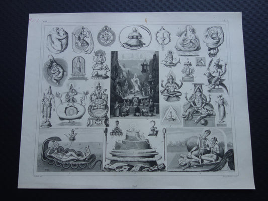 Boeddhisme antieke print Originele 175+ jaar oude prent illustratie Boeddhistische priesters antieke print Goden Priester Brahma Vishnu Shiva vintage religie prenten