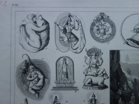 Boeddhisme antieke print Originele 175+ jaar oude prent illustratie Boeddhistische priesters antieke print Goden Priester Brahma Vishnu Shiva vintage religie prenten