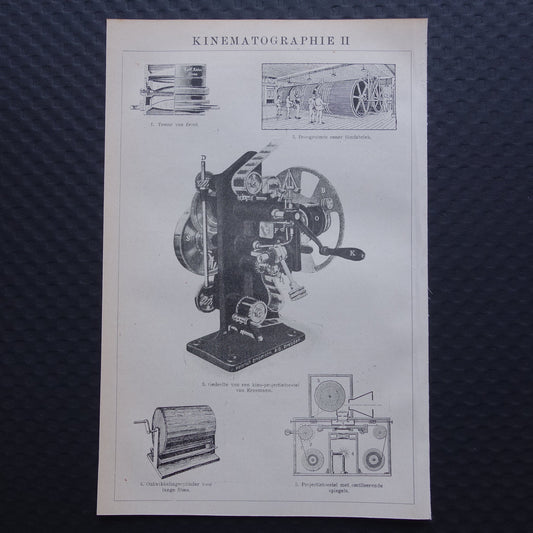 Cinematografie oude prent uit het jaar 1918 originele antieke techniek illustratie kikker cinema film camera vintage prints projector