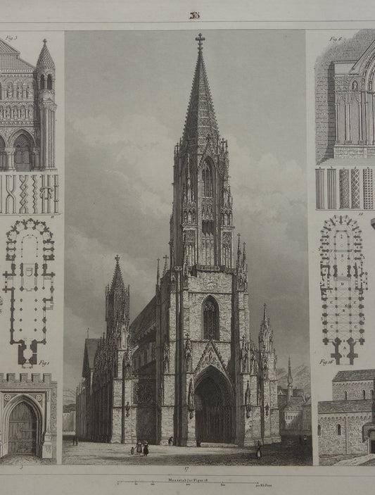 Munster van Freiburg Oude architectuur prent 1849 originele antieke illustratie gravure kathedraal Freiburg im Breisgau