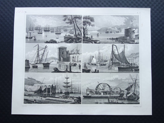 175+ jaar oude scheepsprent antieke maritieme illustratie baggerschip mastkraan schip schepen vintage prints