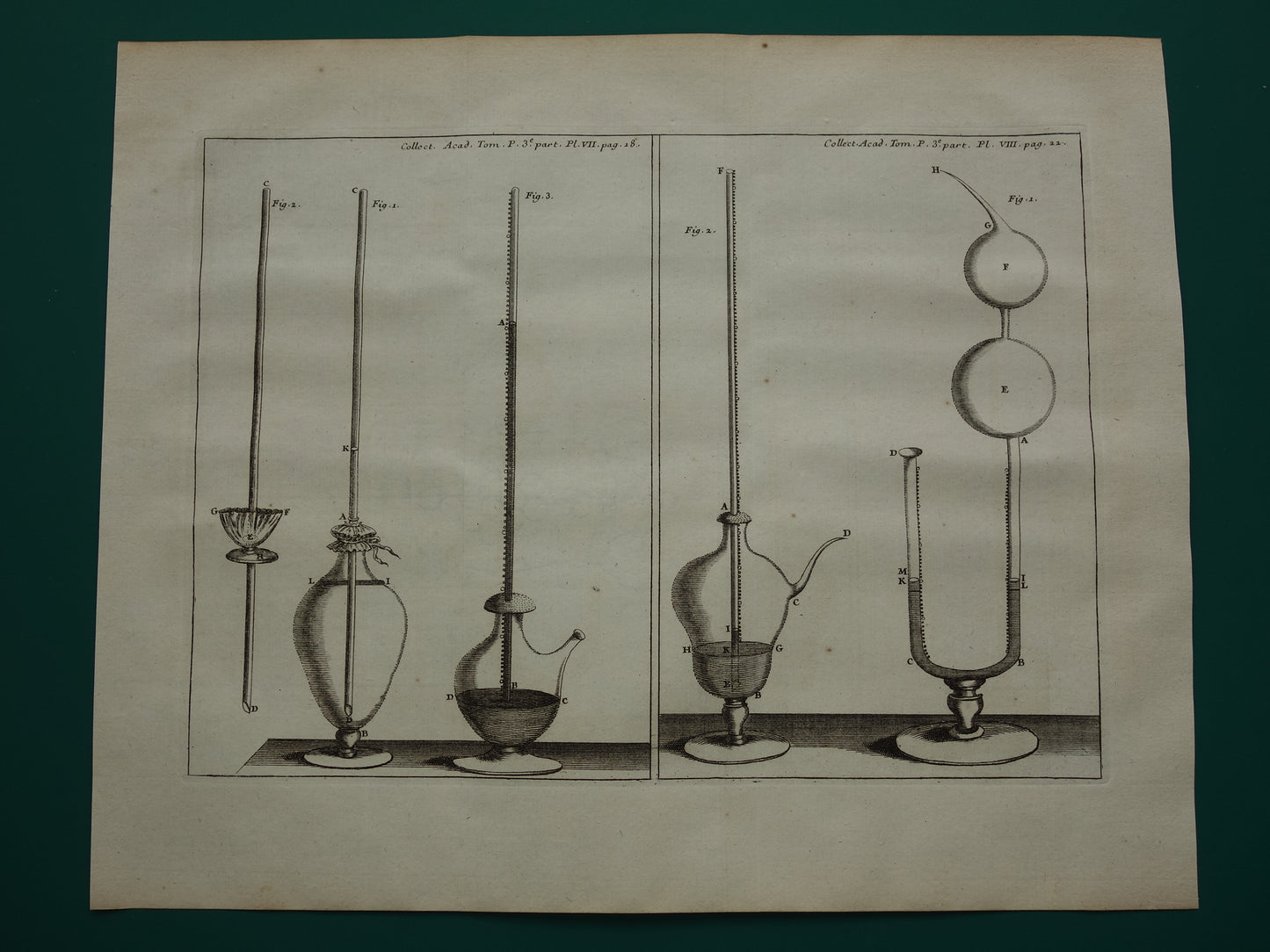 Oude prent natuurkunde luchtdruk 1755 originele antieke illustratie van experimenten in lab laboratorium over lucht