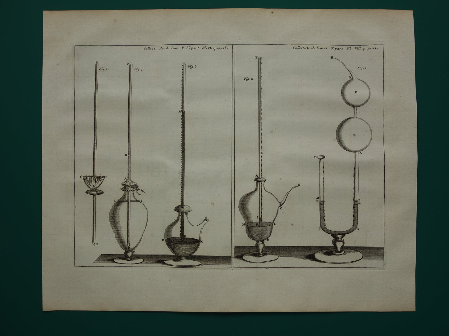 Oude prent natuurkunde luchtdruk 1755 originele antieke illustratie van experimenten in lab laboratorium over lucht
