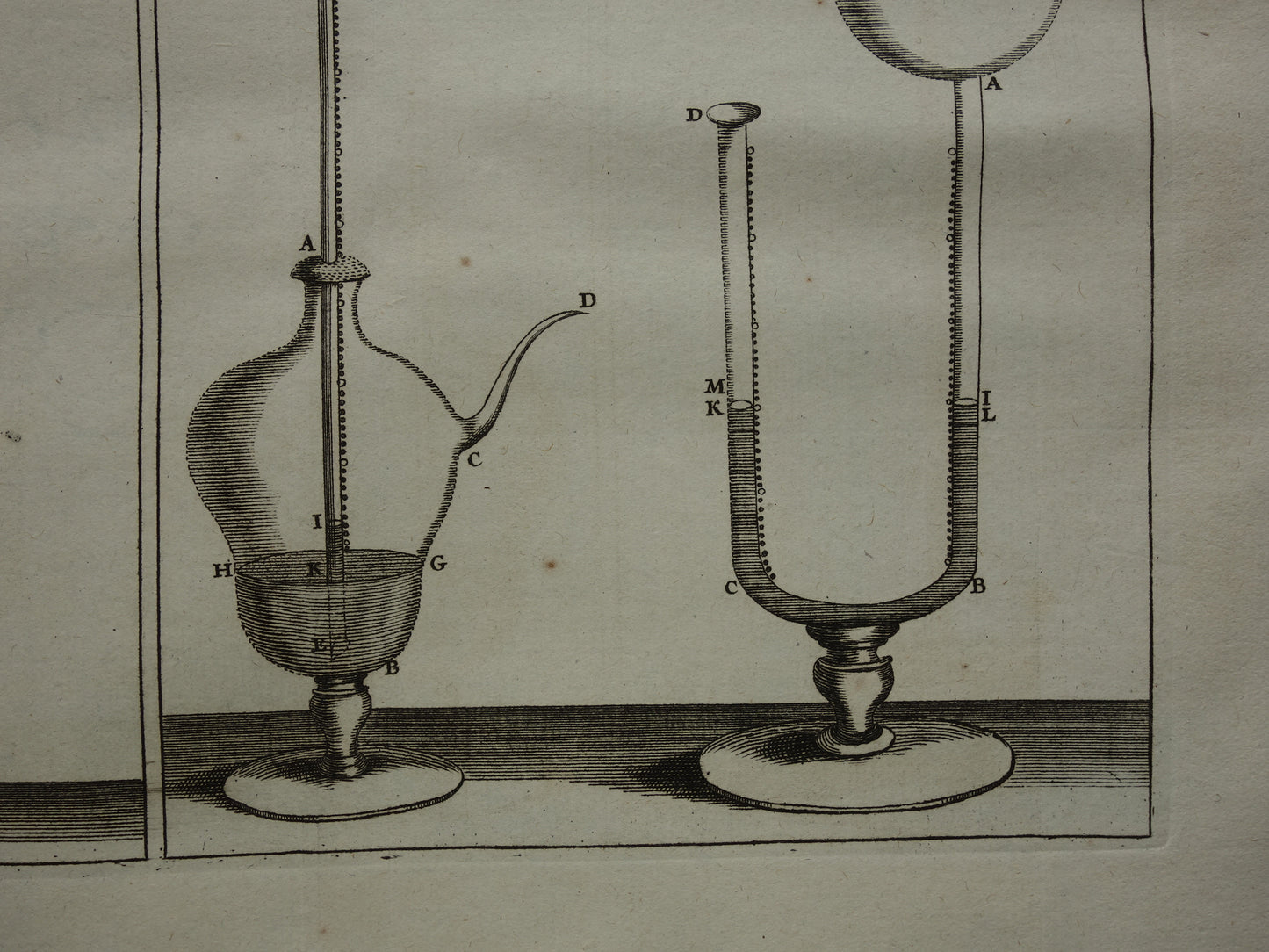 Oude prent natuurkunde luchtdruk 1755 originele antieke illustratie van experimenten in lab laboratorium over lucht