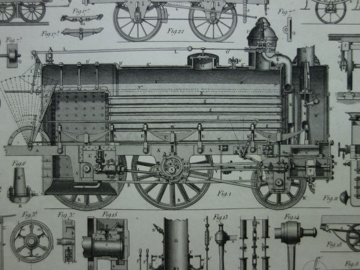 TREINEN Oude technologie prent van locomotief wagons - Antieke print spoorwegen rijtuigen stoomlocomotief techniek - Vintage prints