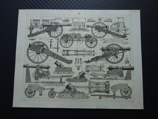 Antieke illustratie ARTILLERIE uit 1849 175+ jaar oude prent over kanonnen howitsers - originele vintage militaire print