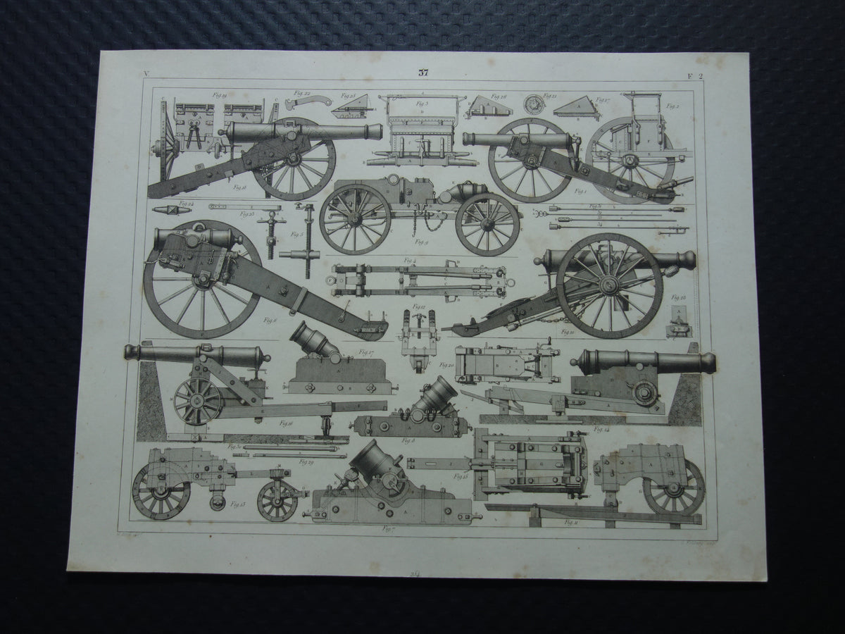 Antieke illustratie ARTILLERIE uit 1849 175+ jaar oude prent over kanonnen howitsers - originele vintage militaire print