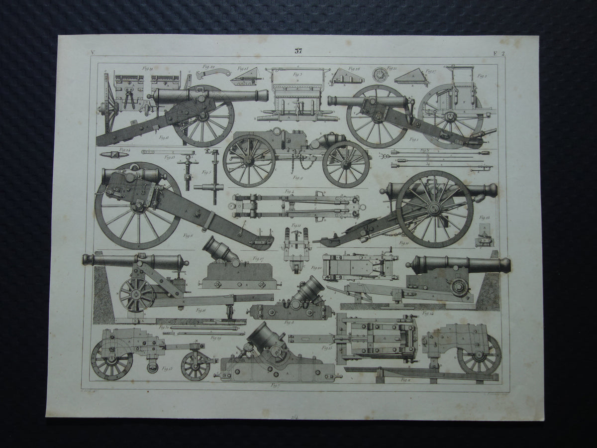Antieke illustratie ARTILLERIE uit 1849 175+ jaar oude prent over kanonnen howitsers - originele vintage militaire print