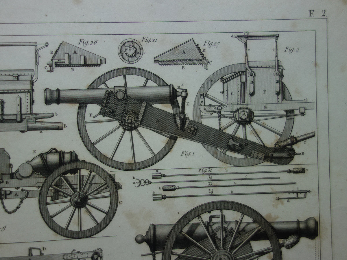 Antieke illustratie ARTILLERIE uit 1849 175+ jaar oude prent over kanonnen howitsers - originele vintage militaire print