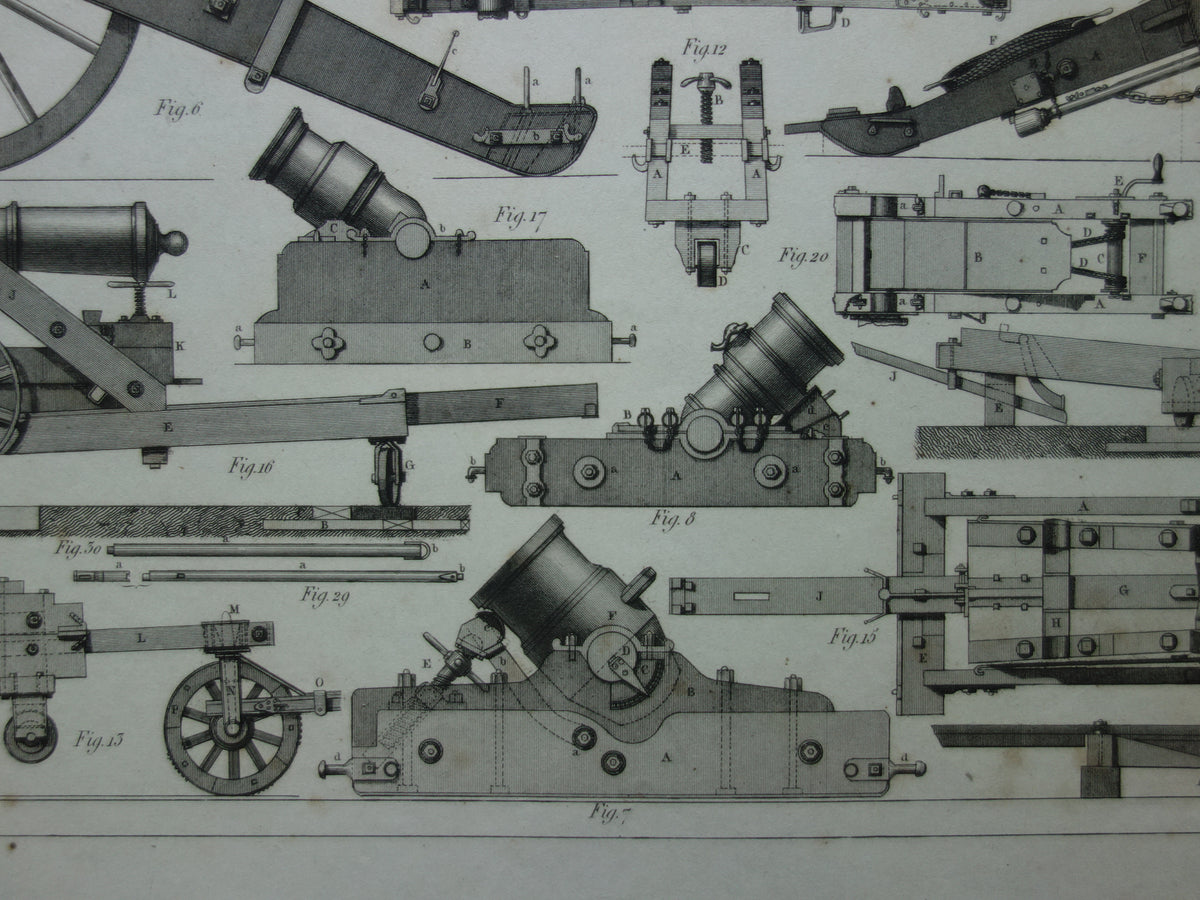 Antieke illustratie ARTILLERIE uit 1849 175+ jaar oude prent over kanonnen howitsers - originele vintage militaire print