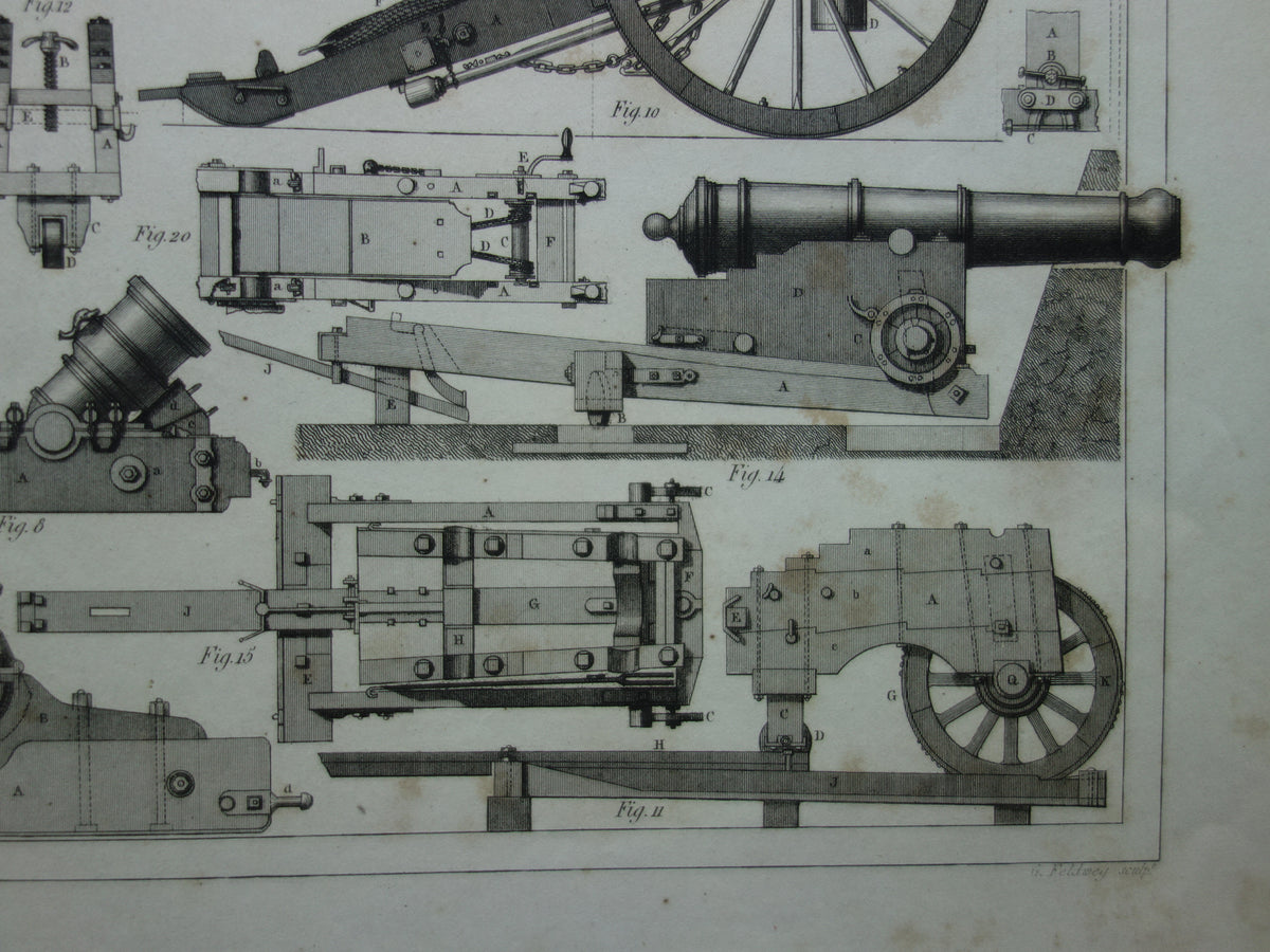 Antieke illustratie ARTILLERIE uit 1849 175+ jaar oude prent over kanonnen howitsers - originele vintage militaire print