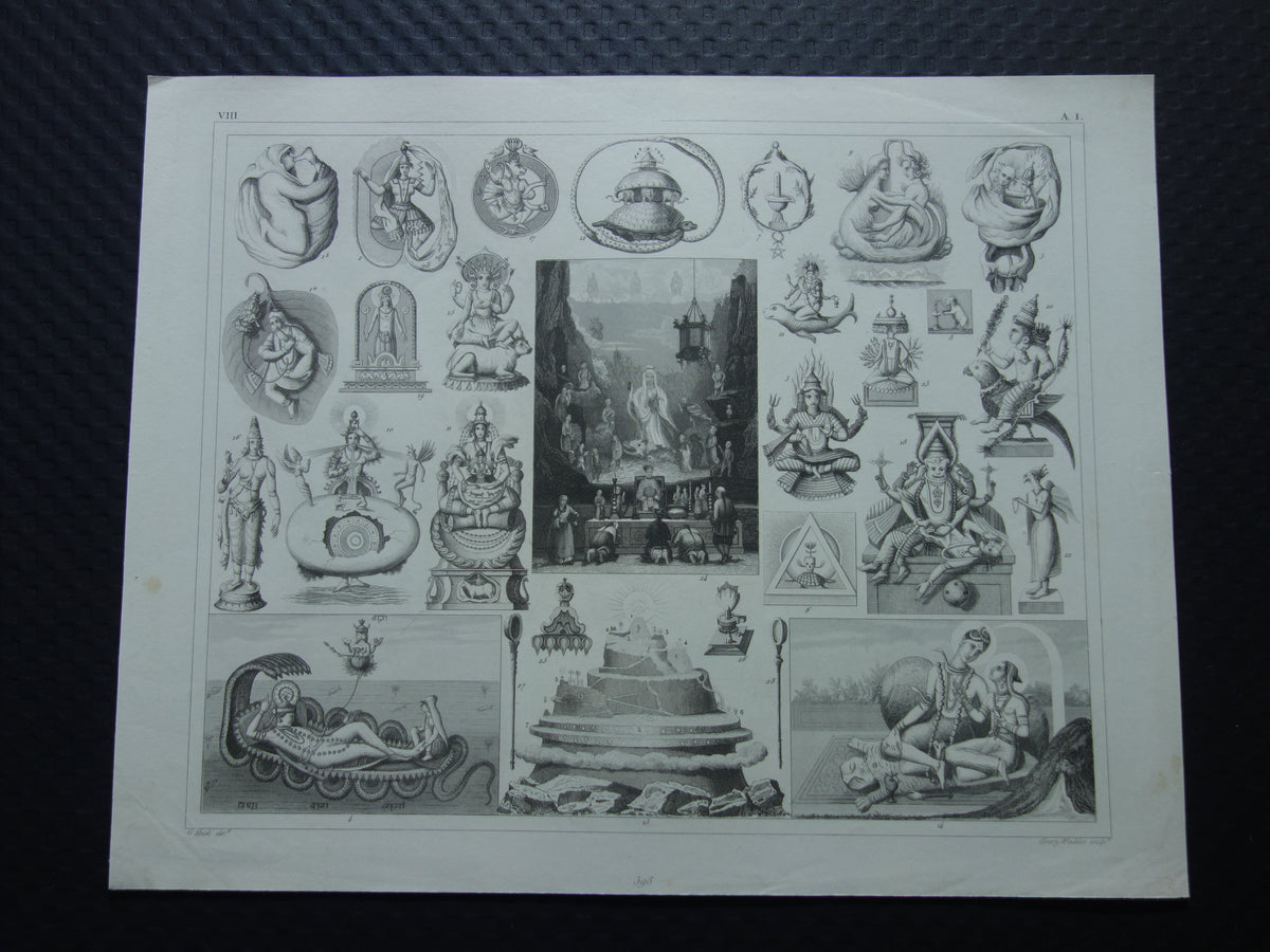 Boeddhisme antieke print Originele 175+ jaar oude prent illustratie Boeddhistische priesters antieke print Goden Priester Brahma Vishnu Shiva vintage religie prenten