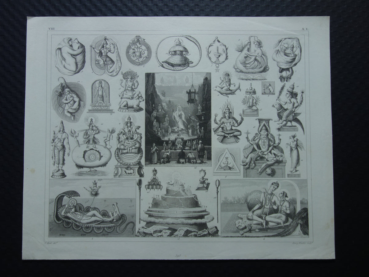 Boeddhisme antieke print Originele 175+ jaar oude prent illustratie Boeddhistische priesters antieke print Goden Priester Brahma Vishnu Shiva vintage religie prenten