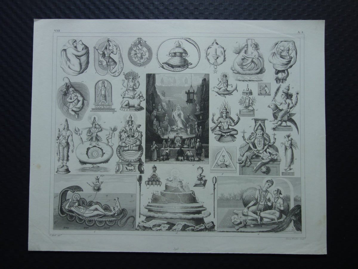 Boeddhisme antieke print Originele 175+ jaar oude prent illustratie Boeddhistische priesters antieke print Goden Priester Brahma Vishnu Shiva vintage religie prenten