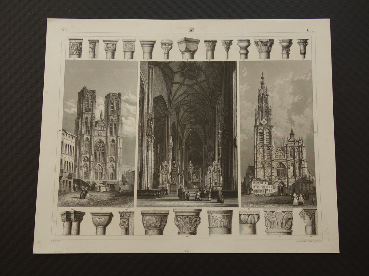 Gotische Kathedralen Oude architectuur prent 1849 originele antieke illustratie gravure Munster York Kathedraal Burgos