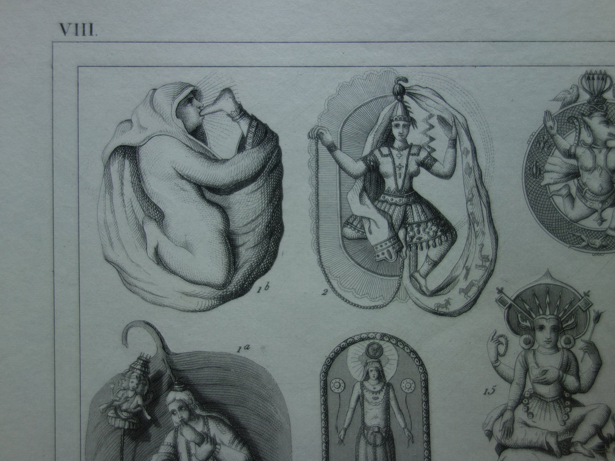 Boeddhisme antieke print Originele 175+ jaar oude prent illustratie Boeddhistische priesters antieke print Goden Priester Brahma Vishnu Shiva vintage religie prenten