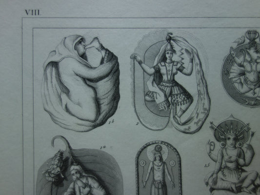 Boeddhisme antieke print Originele 175+ jaar oude prent illustratie Boeddhistische priesters antieke print Goden Priester Brahma Vishnu Shiva vintage religie prenten
